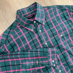 Southern Marsh Teal Green & Pink Plaid Button Down Shirt Size Large